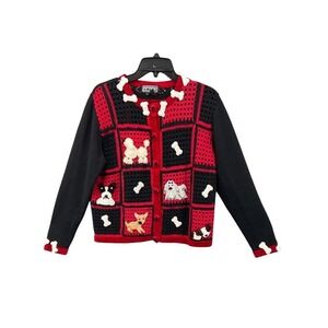 Berek Dog Novelty Cardigan Women S‎ Red Black Excellent Beaded Crochet Patchwork